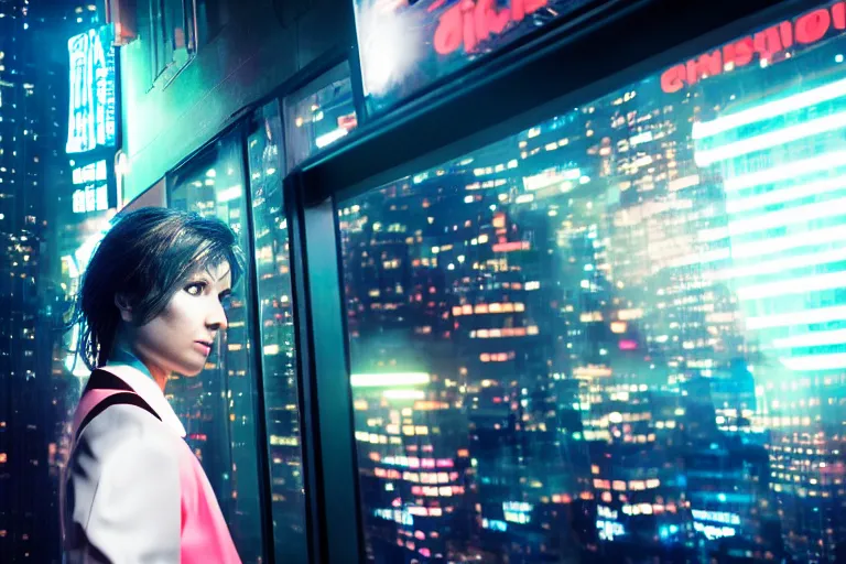 Image similar to cinematography closeup portrait of a cyborg business woman in a cyberpunk apartment, neon lighting, night, by Emmanuel Lubezki