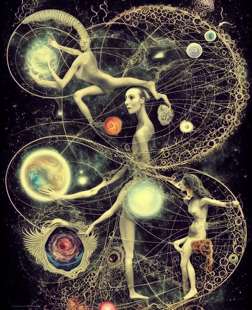 Image similar to inside the universe of a human body soul, whimsical uncanny creature alchemizes unique canto about'as above so below'being ignited by the spirit of haeckel and robert fludd, breakthrough is iminent, glory be to the magic within, to honor jupiter, surreal collage by ronny khalil