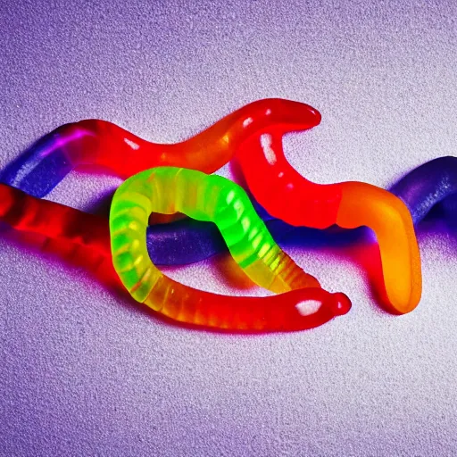 Image similar to colorful gummy worms that glow in the dark, 3d render, close up