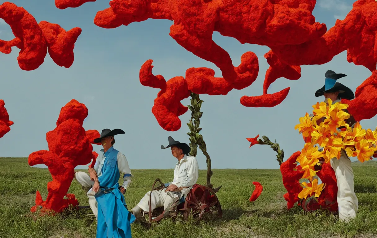 Image similar to a cowboy turning into blooms. tropical sea slugs, tractor tires. complementary colors. minimalism. national geographic. 8 k, rendered in octane, smooth gradients. sculpture by antonio canova. red accents. by slim aarons, by zhang kechun, by lynda benglis