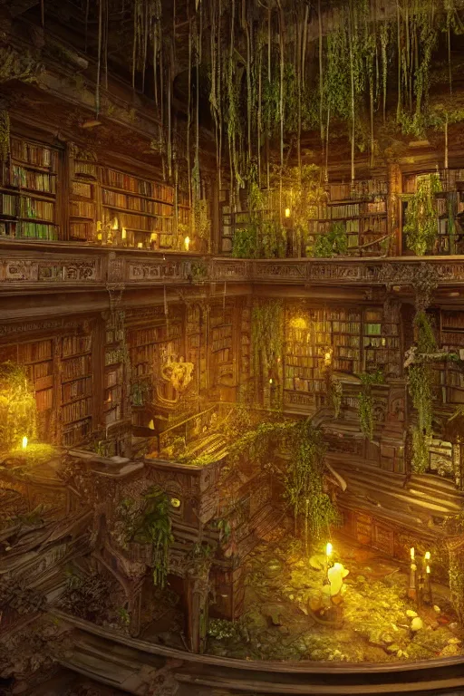Prompt: decaying interior of an ( ( old library ) ) with a rainforest growing inside, highly detailed, glowing candles, intricate detail, beautiful 3 d rendering, octane render, hyperrealistic, trending on artstation