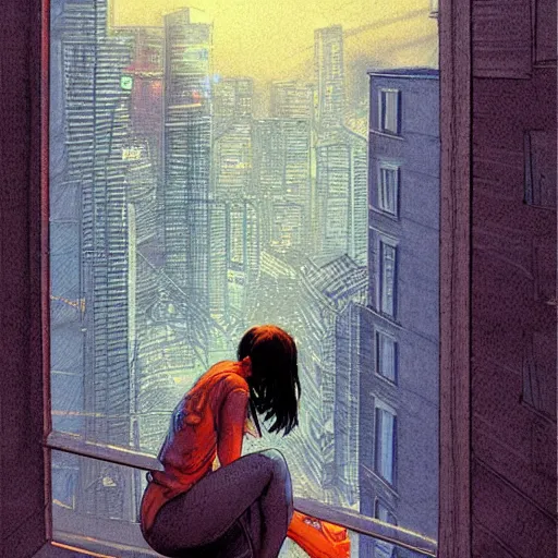 Prompt: a beautiful artwork of a woman in jeans and white shirt sitting on the balcony of a hotel at night, top view, neon and rainy theme atmosphere by Jerome Opeña, featured on artstation