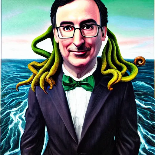 Prompt: Cthulhu is John Oliver, oil painting, hyper detailed, hyper realistic, by Botticelli, portrait