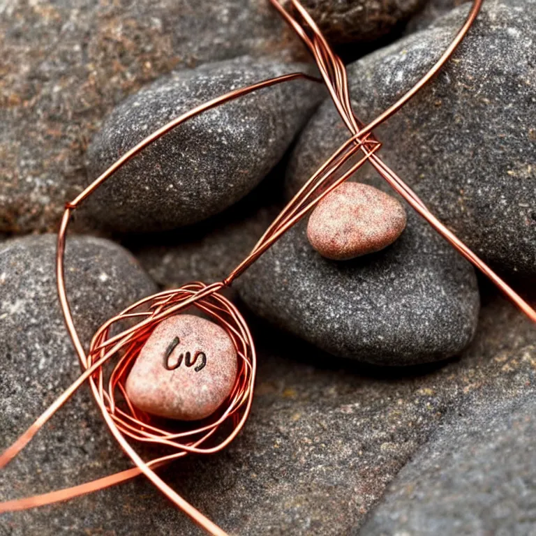 Prompt: photo of a pebble wrapped in copper wire. lots of copper wire! glowing runes drawn on pebble. extremely high details