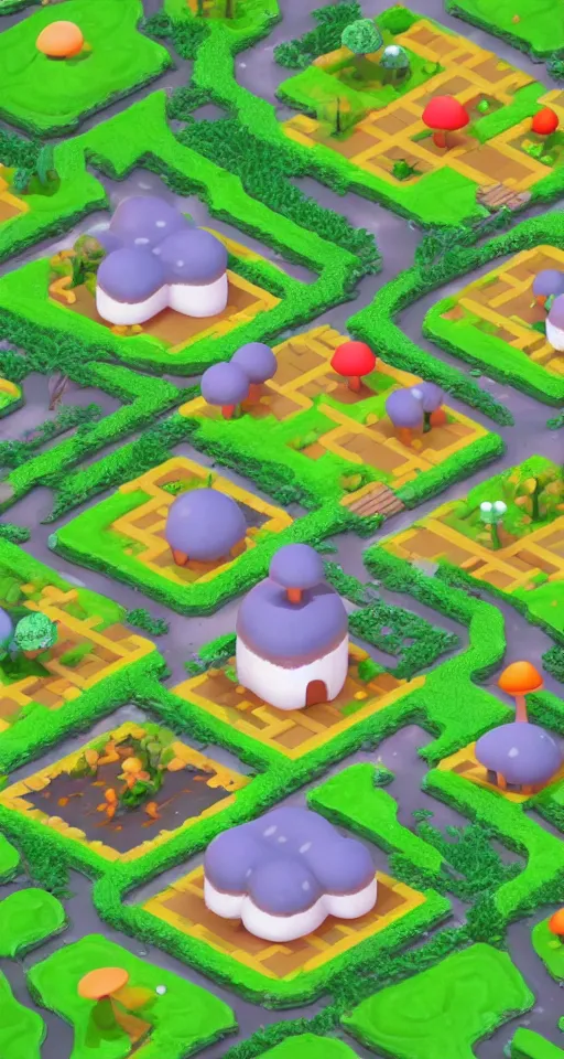 Image similar to a cute little isometric mushroom village garden, trending on artstation, 3d render, monument valley, fez video game,