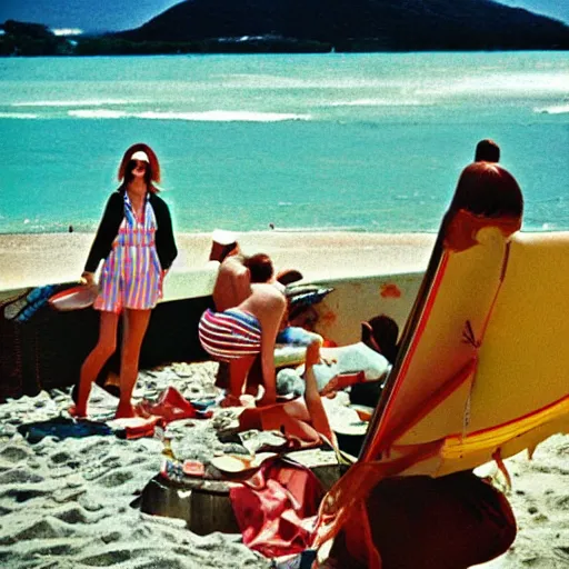 Prompt: Japan 1970's beach, color photo by Slim Aarons