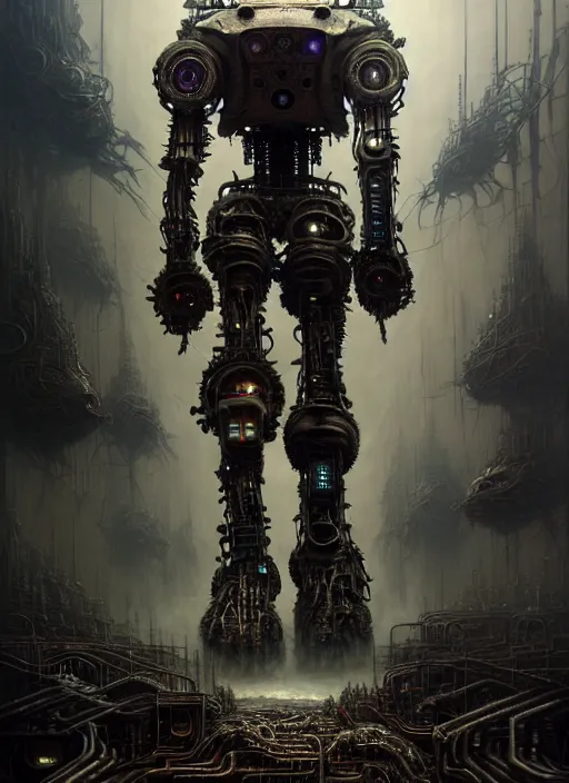 Image similar to A photorealistic 3d render of a robot monster cyborg made of circuits wide view shot by ellen jewett , tomasz alen kopera and Justin Gerard symmetrical features, ominous, magical realism, texture, intricate, ornate, royally decorated, android format, windows, many doors, roofs, complete house , whirling smoke, embers, red adornments, red torn fabric, radiant colors, fantasy, trending on artstation, volumetric lighting, micro details, 3d sculpture, ray tracing, 8k