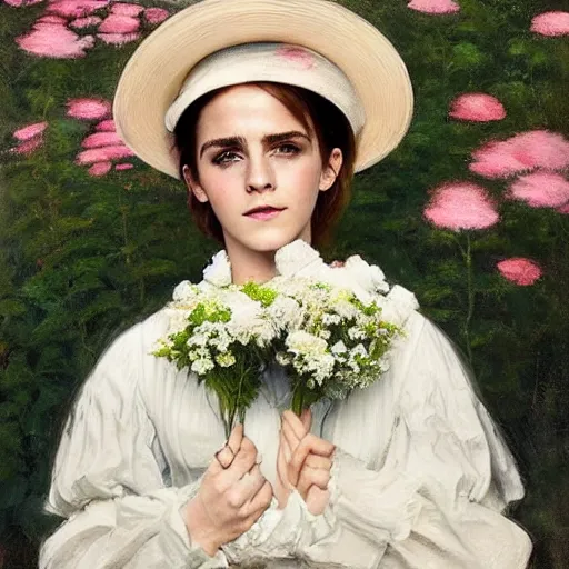 Image similar to laughing thick paint brush strokes full body fashion model emma watson by Jeremy Lipking by Hasui Kawase by Richard Schmid (((smokey eyes makeup eye shadow fantasy, glow, shimmer as victorian woman in a long white frilly lace dress and a large white hat having tea in a sunroom filled with flowers, roses and lush fern flowers ,intricate, night, highly detailed, dramatic lighting))) , high quality