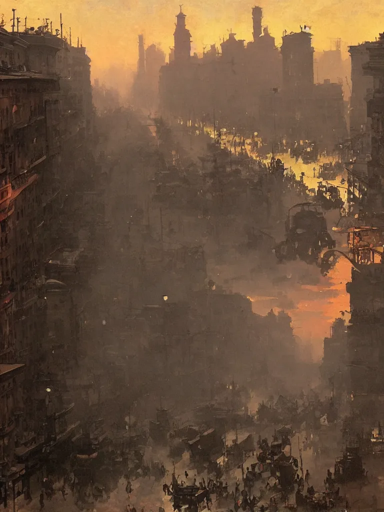 Image similar to a large dieselpunk city street at dusk in russia during the 1 9 1 0 revolution, craig mullins, winslow homer