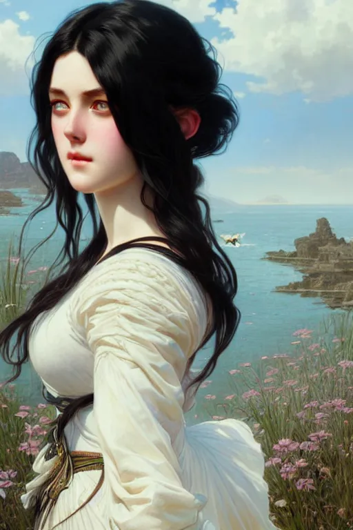 Image similar to ultra realistic, Beautiful black haired woman, Porcelain white complexion, big blue eyes, wearing dress blowing in the wind, detailed background, intricate details, highly detailed, octane render, 8k, art by artgerm and alphonse mucha and greg rutkowski