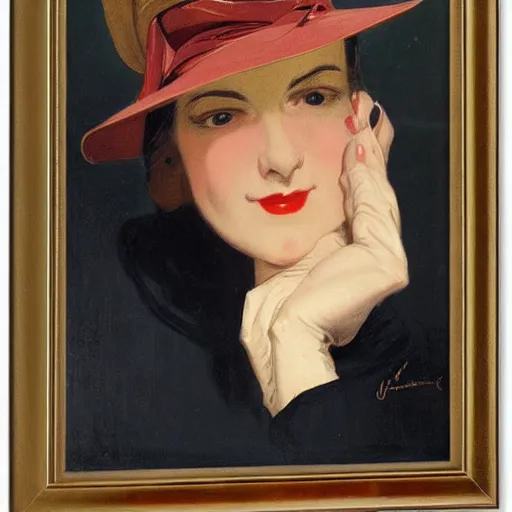 Prompt: frontal portrait of a woman with a hat that covers her eyes, by j. c. leyendecker