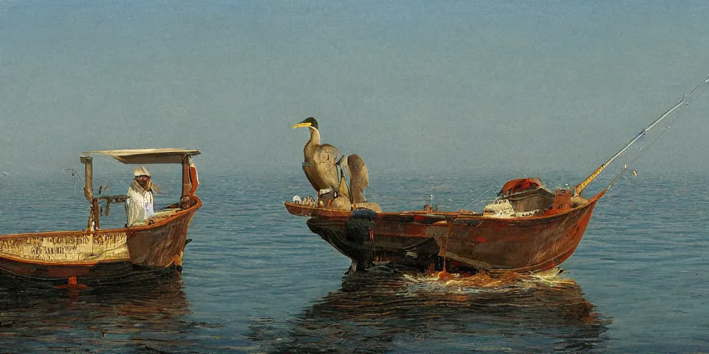 Image similar to rising sun ( ( ( fishing cormorant, fishing boat ) ) ) on the naples bay, by moebius