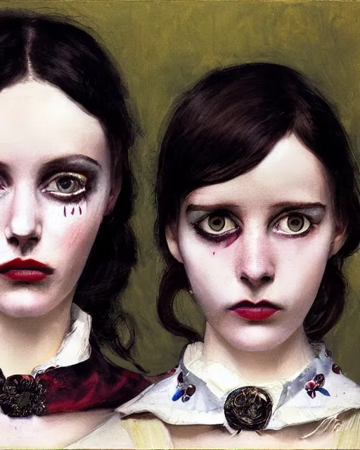 Prompt: two beautiful but creepy siblings wearing vivienne westwood collars in layers of fear, with haunted eyes and dark hair, 1 9 7 0 s, seventies, wallpaper, a little blood, morning light showing injuries, delicate embellishments, painterly, offset printing technique, by brom, robert henri, walter popp