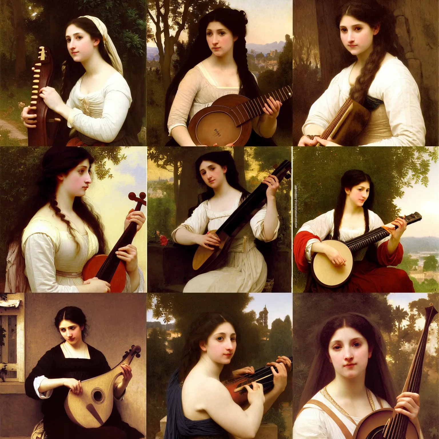 Image similar to Stern English Woman playing the lute. Slender neck. Master Lutist. Long dark hair. Art by William-Adolphe Bouguereau. During golden hour. Extremely detailed. Beautiful. 4K. Award winning.