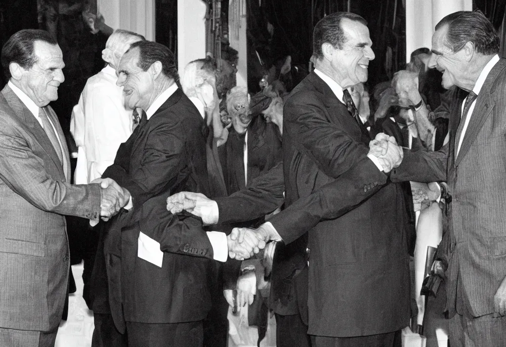 Prompt: high quality black and white photograph of TMNT Michaelangelo shaking hands with Richard Nixon at the White House