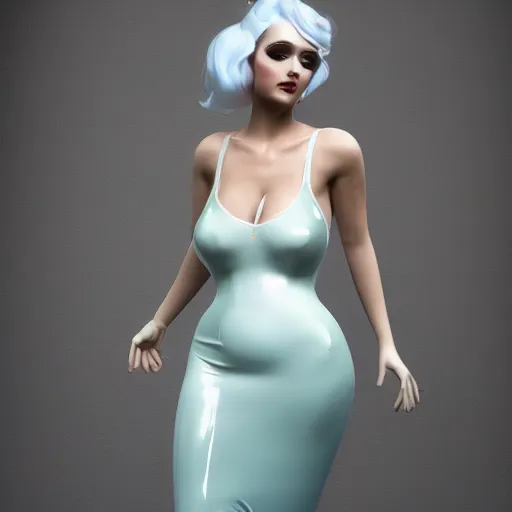 Prompt: an elegant curvy feminine pale goth cutie wearing an elaborate tight latex-nylon-leather white-cyan-gold tube gown, thin waist, cgsociety, photorealistic, sublime comforting ambience, 16k, smooth, sharp focus, trending on ArtStation, volumetric lighting, worksafe