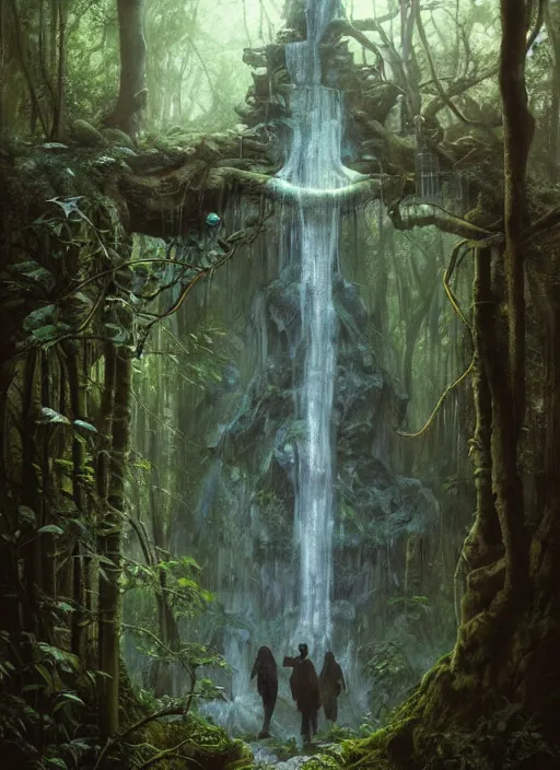 Image similar to a hyper realistic architectural witch shrine under a waterfall in the woods, gorgeous lighting, lush forest foliage, painting by chiara bautista and tom bagshaw, muca beksinski and norman rockwell and greg rutkowski weta studio, and lucasfilm