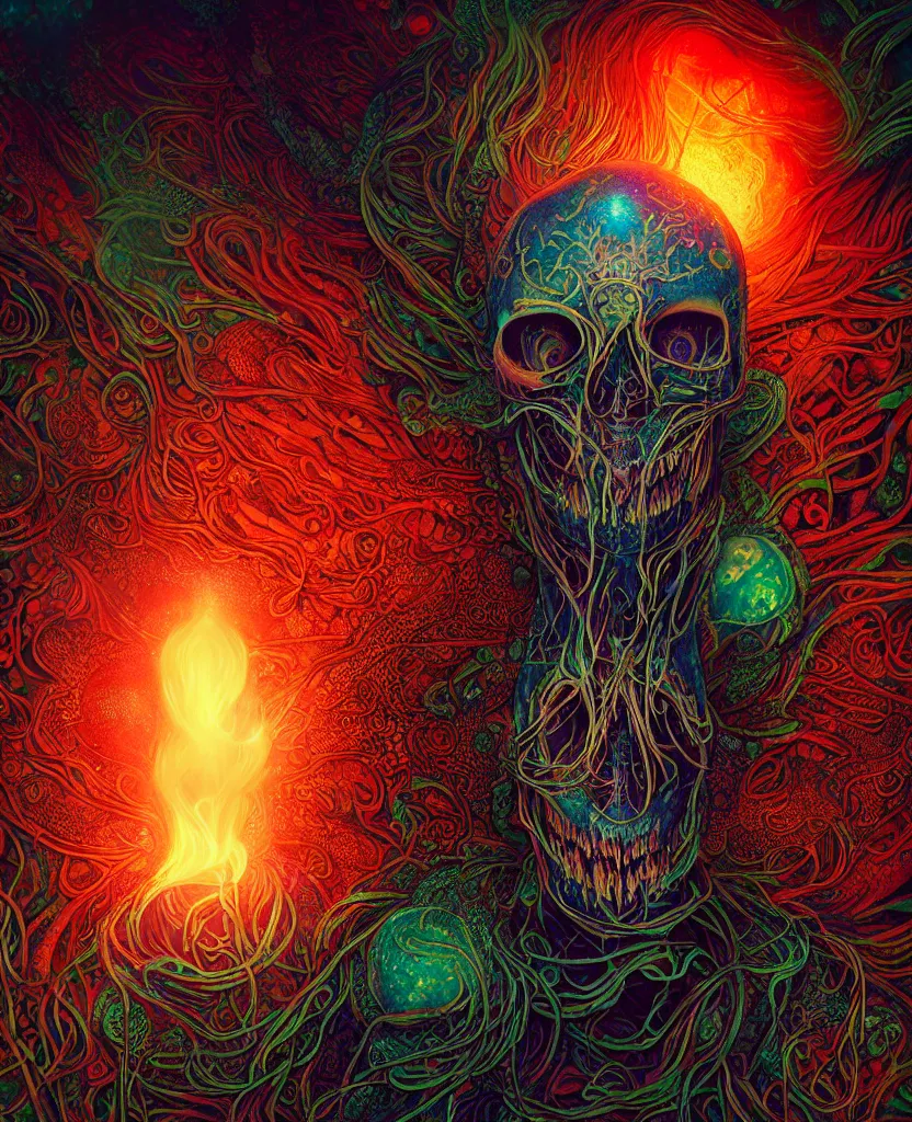 Image similar to psychedelic shaman close-up portrait. amanita muscaria phoenix head, nautilus, insect, skull, ice and fire, bioluminiscent creatures, intricate artwork by Tooth Wu and wlop and beeple. octane render, trending on artstation, greg rutkowski very coherent symmetrical artwork. cinematic, hyper realism, high detail, octane render, 8k