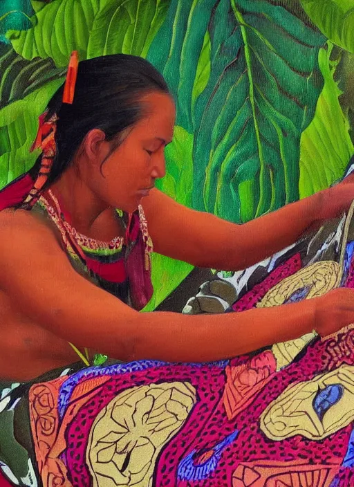 Prompt: a beautiful painting of an indigenous female doing crafting of a beautiful fabric in the jungle, realistic face and body