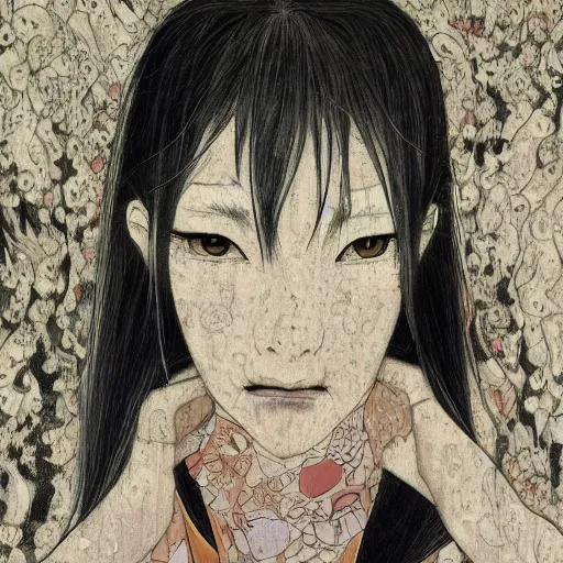 Image similar to yoshitaka amano blurred and dreamy realistic illustration of a woman with black eyes and white hair wearing dress suit with tie, junji ito abstract patterns in the background, satoshi kon anime, noisy film grain effect, highly detailed, renaissance oil painting, weird portrait angle, blurred lost edges, three quarter view