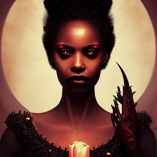 Image similar to Portrait of a riveting African vampire woman!, atmospheric lighting, gothic makeup, intricate, Transylvanian castle, volumetric lighting, beautiful, starlit sky, sharp focus, ultra-detailed, by Tom Bagshaw Leesha Hannigan, Ross Tran, Thierry Doizon, Kai Carpenter, Ignacio Fernández Ríos