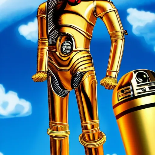 Prompt: full body portrait of Simpson as C3PO in star wars, background blue sky puffy clouds cinematic 4k