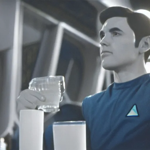 Image similar to acting ensign Wesley Crusher from the USS Enterprise drinking romulan ale in ten forward, set photo, candid, film grain