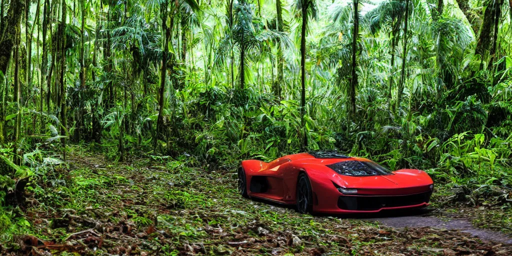 Prompt: a real photograph of a supercar running in the Amazon forest