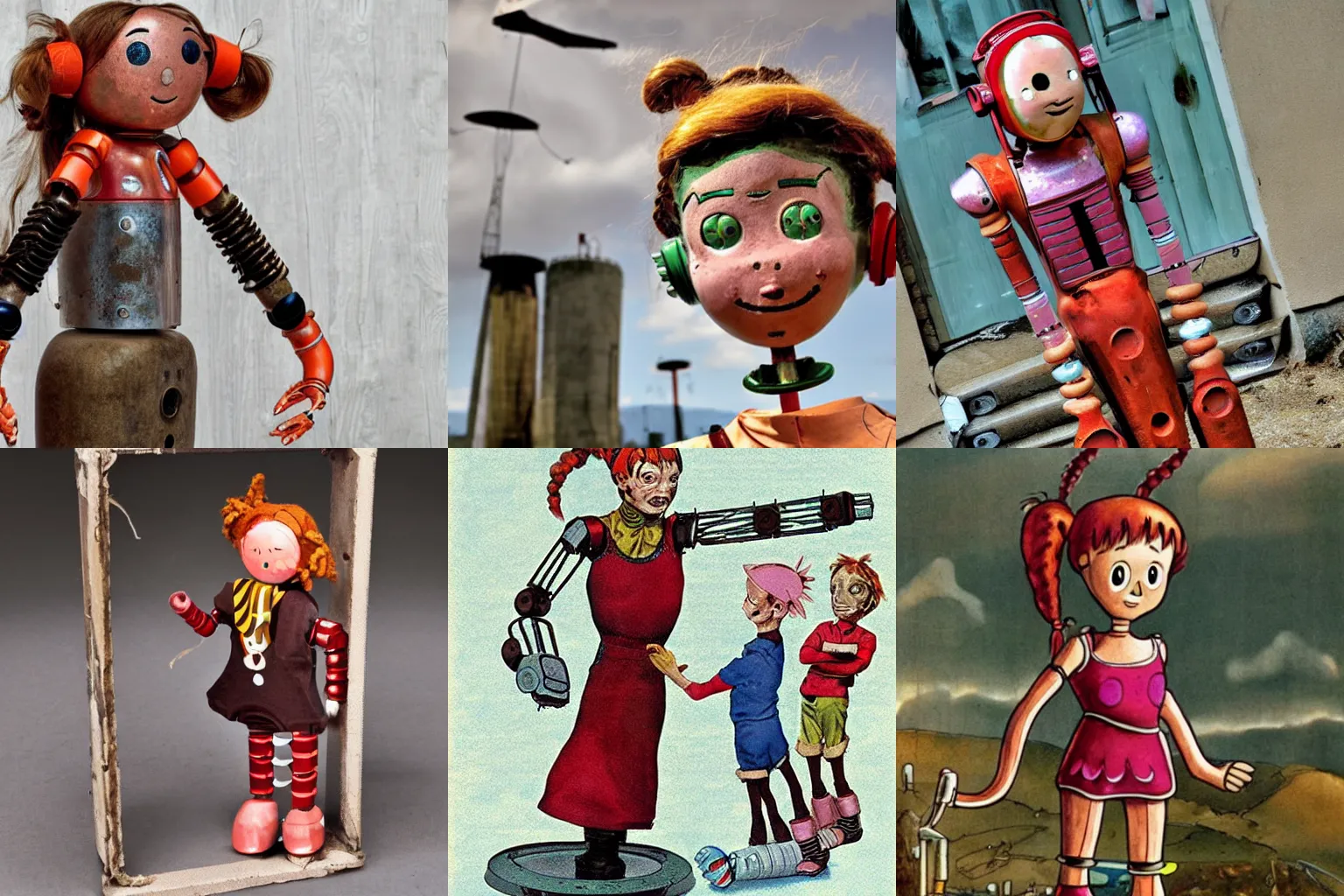 Prompt: pippi longstocking as a robot, old, damaged, rusty