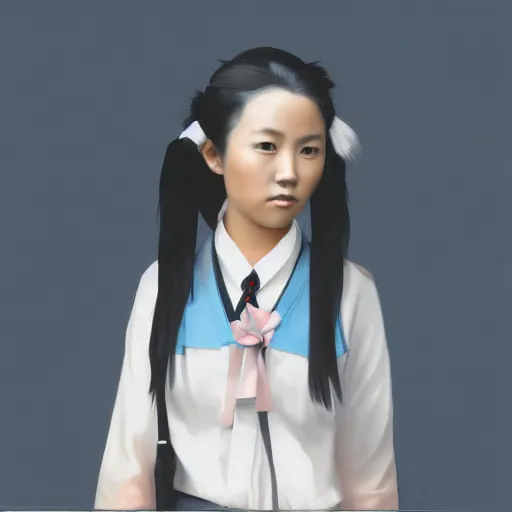 Image similar to a painting of Japanese schoolgirl, clothed, VFX