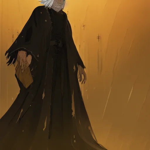 Image similar to a man with spiky white hair and yellow eyes, wearing a black cultist robe, medieval background, highly detailed, digital painting, artstation, matte, by makoto shinkai, animation style, studio ghibli, anime key visual