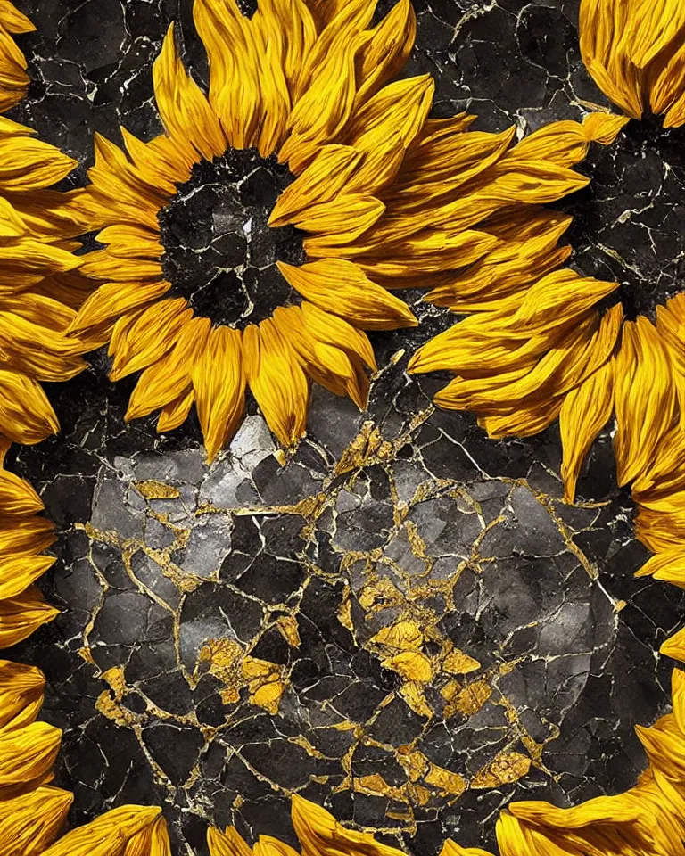 Image similar to symmetrical painting of a fractured obsidian greek statue of a topaz sunflowers fixed with kintsugi, rendered in octane trending on cgsociety. extremely detailed and intricate art