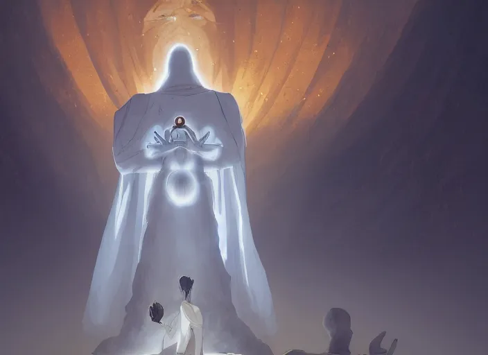 Image similar to a creepy white robed being kneeling in front of a giant golden god in the darkness, ghibli style, artstation