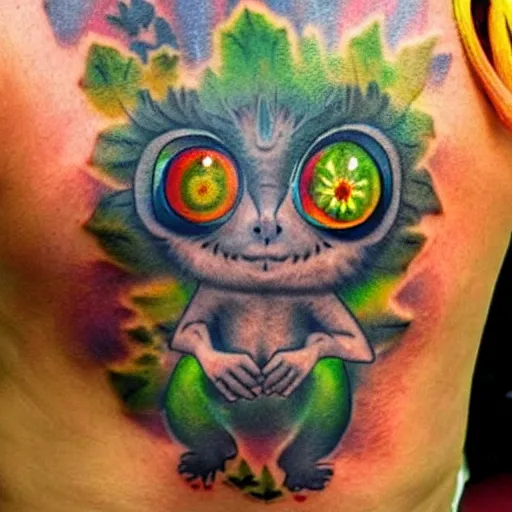 Image similar to shoulder tattoo of a multicolored hallucinating cute bush baby, eyes are rainbow spirals, meditative, surrounded with colorful magic mushrooms and rainbowcolored marihuana leaves, insanely integrate