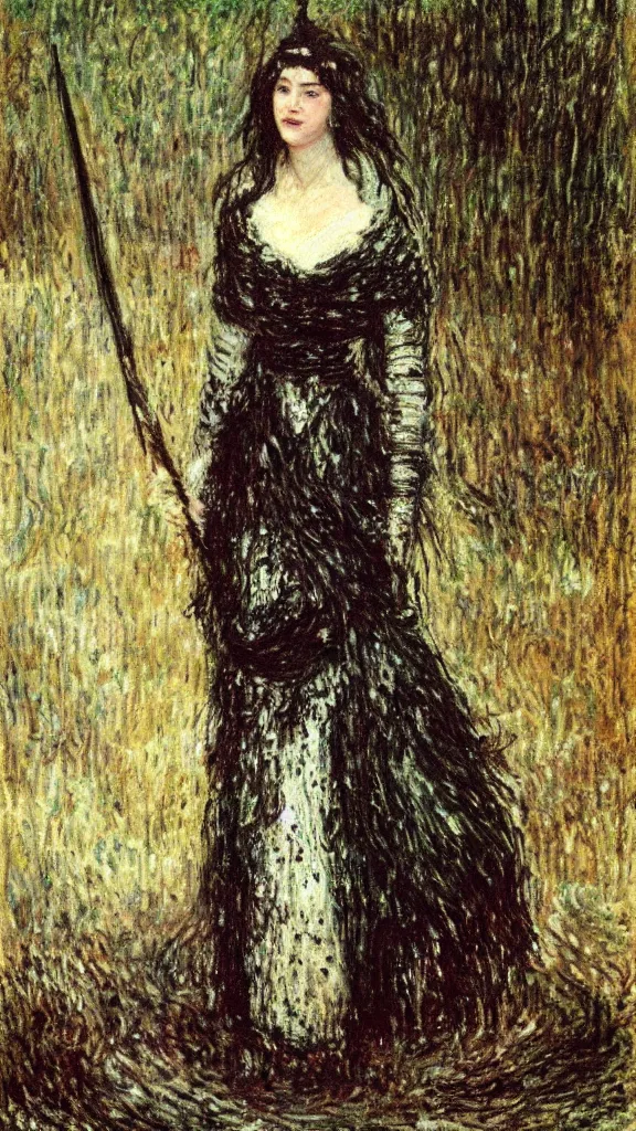 Image similar to a tall woman with very black hair and pale skin with a crown and a spear in her hand in a snowy landscape, fine art, splatter paint, impressionist mosaic, light art, complimentary - colors, tones of black in background, 2. 5 - dimensional, cinematic lighting, by claude monet, by pre - raphaelite brotherhood : : john everett millais gustav klimt