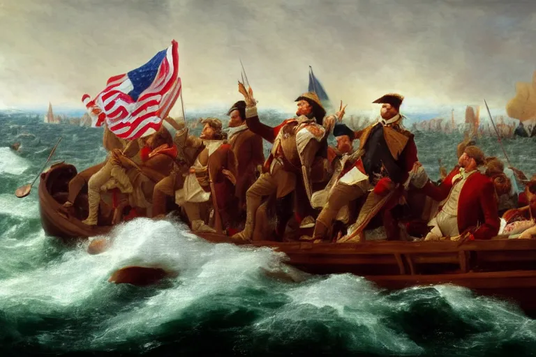 Image similar to Donald Trump crossing the delaware there is an arbys sign in the background by Emanuel Leutze