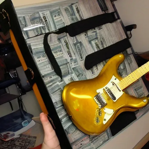 Image similar to an electric guitar made entirely out of money