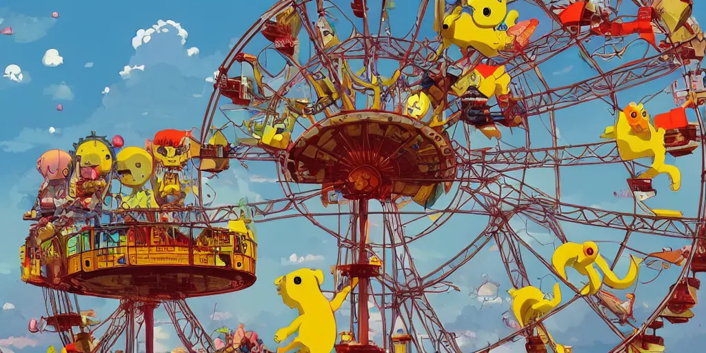 Image similar to cute anime monsters on a Ferris wheel by Os Gemeos and Goro Fujita and Simon Stalenhag, 8k, trending on artstation, hyper detailed, cinematic