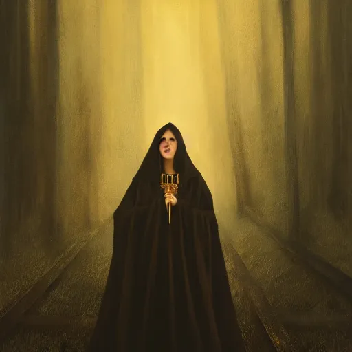 Image similar to a portrait of a young woman wearing a long dark cloak, hood and shadows covering face, holding golden chains, oil painting, matte painting, black background, Volumetric Golden dappled dynamic lighting, Highly Detailed, Cinematic Lighting, Unreal Engine, 8k, HD, by Beksinski