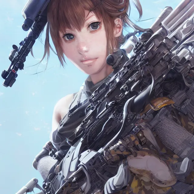 Image similar to the hyperrealistic portrait of lawful neutral female futuristic marine sniper as absurdly beautiful, gorgeous, elegant, young anime gravure idol, an ultrafine hyperdetailed illustration by kim jung gi, irakli nadar, intricate linework, bright colors, octopath traveler, final fantasy, unreal engine 5 highly rendered, global illumination, radiant light, detailed and intricate environment