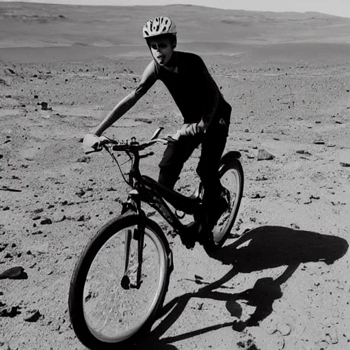 Image similar to justin bieber riding a bike on mars, photograph,