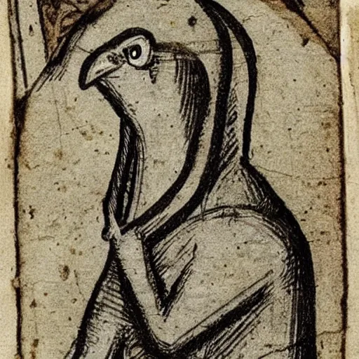 Image similar to medieval sketch of an exhausted anthropomorphic bird