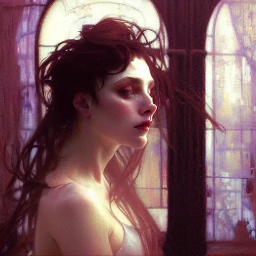 Image similar to hyperrealistic portrait of a vampire watching a mirror. by jeremy mann and alphonse mucha, fantasy art, photo realistic, dynamic lighting, artstation, poster, volumetric lighting, very detailed faces, 4 k, award winning