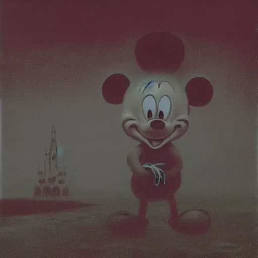 Prompt: mickey mouse, illustrated by zdzisław beksinski, 4 k, eerie atmosphere, grimly macabre lighting