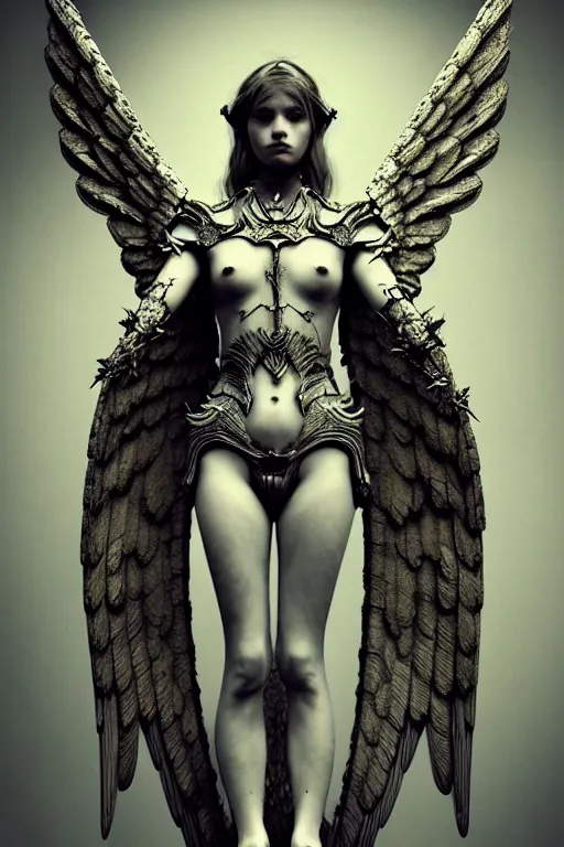 Prompt: angel warrior, intricate armor and wings, young, beautiful, woman, full - body, realistic portrait, ethereal, soft clean focus, art by emil melmoth, gustave dore, craig mullins, yoji shinkawa, art germ, pete morbacher, david lynch, hyper detailed, high detail, artstation, hyperrealistic, unreal engine 5, ravens