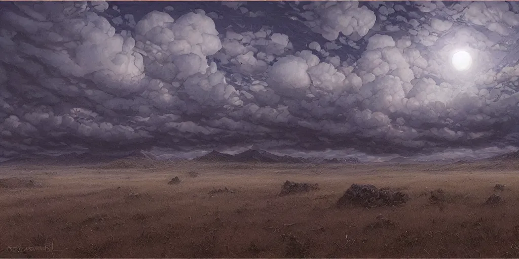 Image similar to the cloudy moonlit sky, landscape art by donato giancola and greg rutkowski, digital art, trending on artstation, symmetry!!, volumetric lighting, darkness