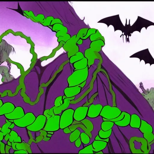 Image similar to a giant bat deep purple and green vines, swamp, genndy tartakovsky, primal, studio la cachette, scary lighting