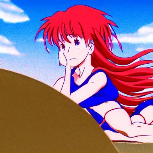 Image similar to girl laying in the sand next to ocean in sunset, sprite, vaporwave nostalgia, visual novel cg, 8 0 s anime vibe, kimagure orange road, maison ikkoku, initial d, drawn by by rumiko takahashi, directed by hideki anno, wallpaper, ultra hd, vlc screenshot