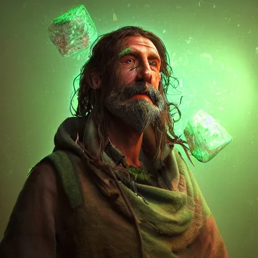 Image similar to realistic a human hobo druid with green magic around, fantasy book, d & d, high detail, 8 k, octane render painting, dark fantasy