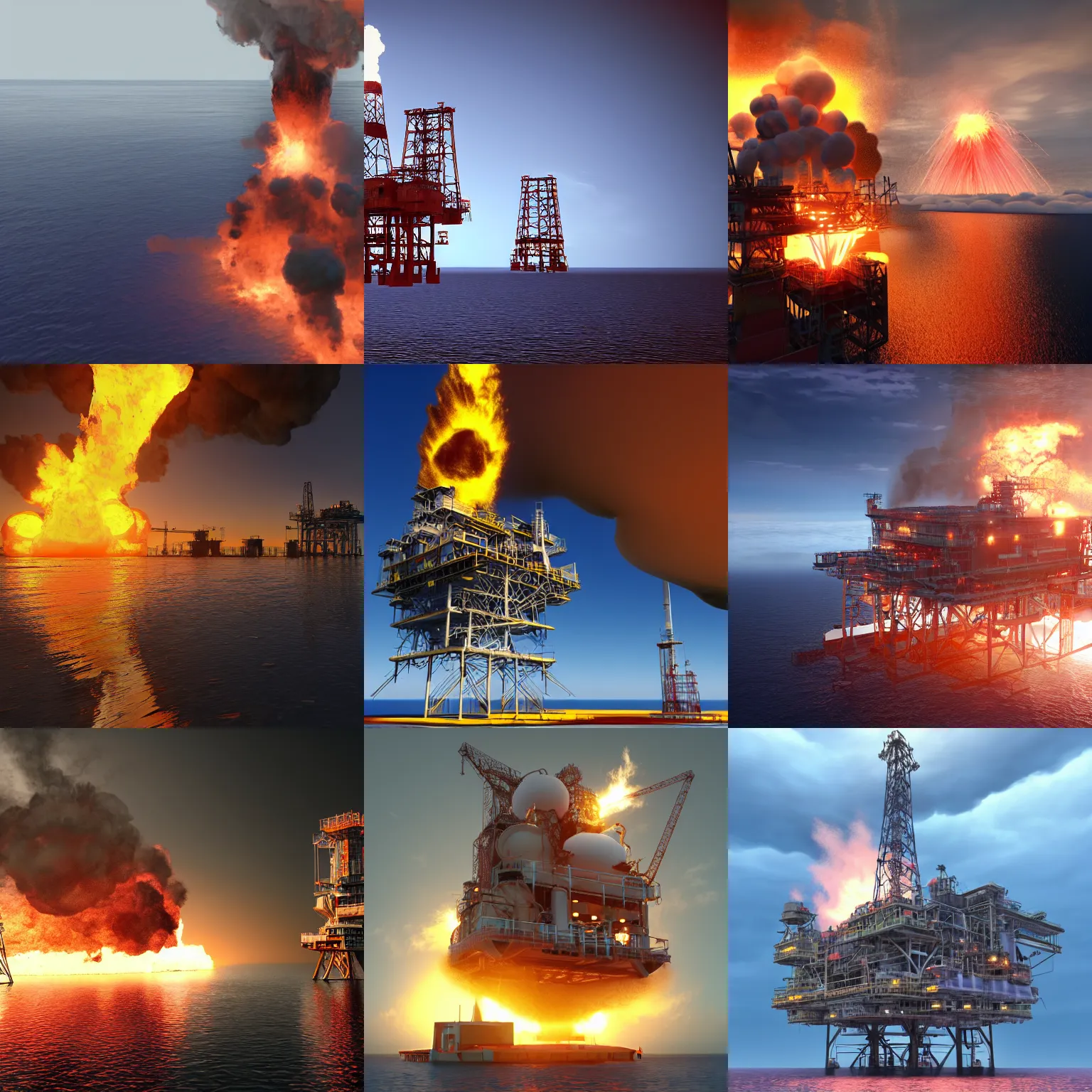 Prompt: oil platform, huge explosion with, vray